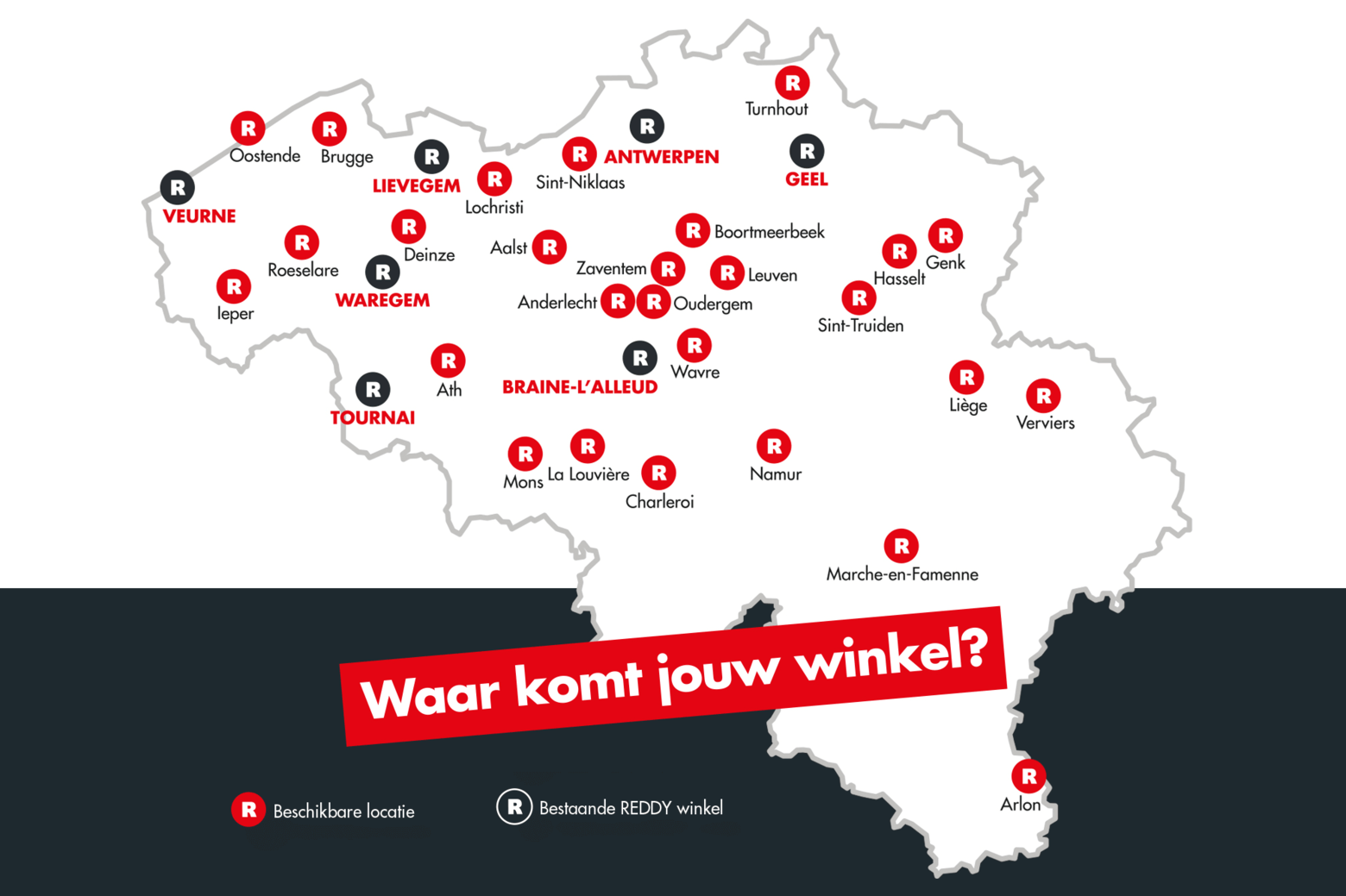 Kaart met Reddy-vestigingen in België